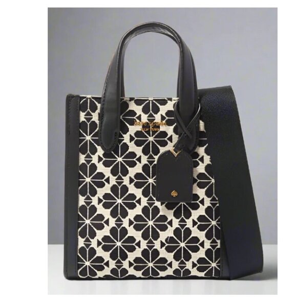 Kate Spade Flower Jacquard Manhattan Mini Tote Blue Leather Crossbody Bag - Picture 1 of 12